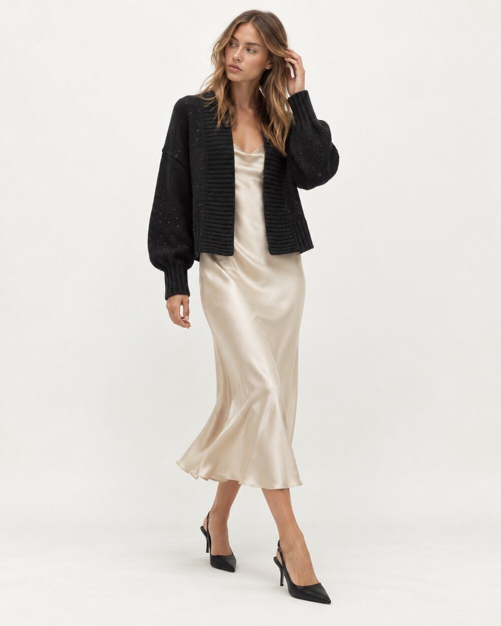 NakedCashmere Black Sequin Cashmere Open Front Cardigan Sweater M